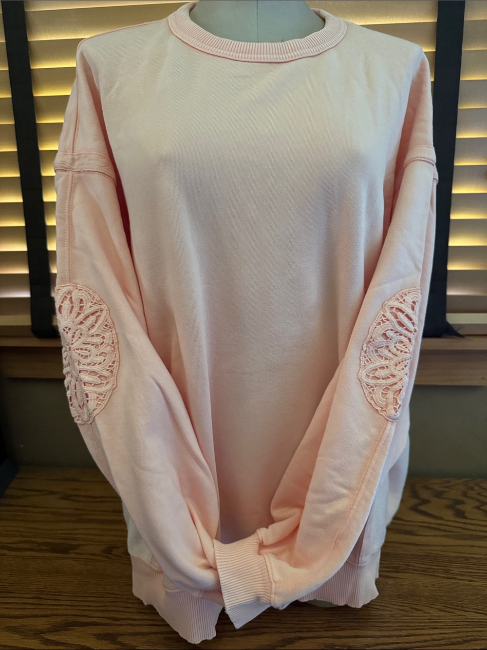 aerie Peach Crewneck Sweatshirt with Lace Elbow Patches